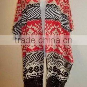 Ladies plained poncho knitted cardigan sweater with fringe