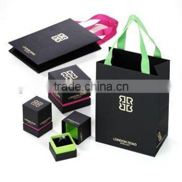 Black square silver logo jewelry box with pictures,jewelry box with foam insert,jewelry box with fabric cover wiht paper bag