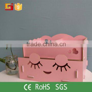 Pink lacquer wooden storage organizer with drawer comestic storage box with cute facial