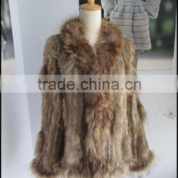 Ladies Elegent winter warm fur real knitted rabbit fur coat and jacket with collar for woman made in China