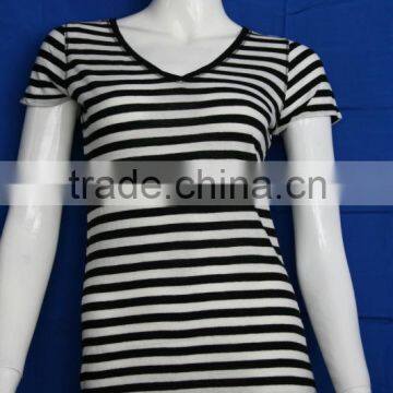 V neck yarn dyed stripes body woman t-shirt