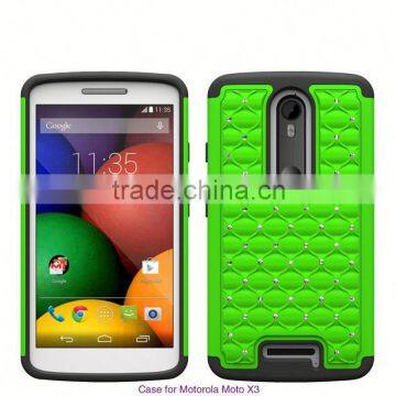 Fashionable Rhinestone check Shield Armour PC Silicone Phone Cover Case for Motorola MOTO X3