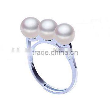 Strong light perfect round sliver natural freshwater pearl ring