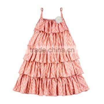 100% cotton Knit Orange Ruffle Tiered Dress Kids Girls Flower Printed Flower Puffy Strappy Off Shoulder Dresses Hot Selling