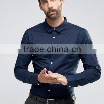 High Quality Custom Long Sleeve Spread Collar Mens Lightweight 100% Cotton Casual Navy Solid Slim Shirts