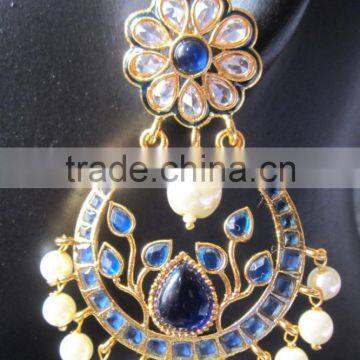 Gold Plated DANGLER BLUE WHITE PEARL CHAND BALI Earrings photo-3