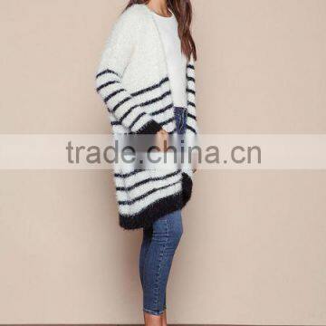 MGOO 2016 New Arrival Fuzzy White Striped Cardigan Women Knit Tops Cashmere Sweaters Women Clothing photo-4