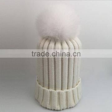 Myfur 2016 Pure White Hot Sale Winter Hat with Removable Genuine Fox Body Fur Bobble