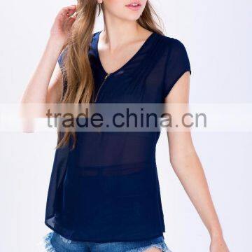 Wholesale Pleated Front Short Sleeves Tee Shirt Cheap Zipper Women Tee photo-6