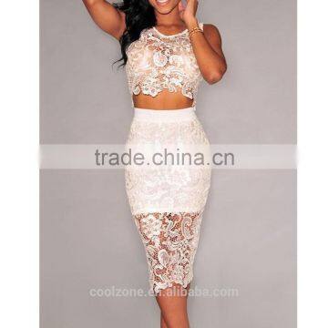Ladys Sexy Floral Sheer Sleeveless Lace Crop Top and Midi Skirt Set Women Party Dress photo-2