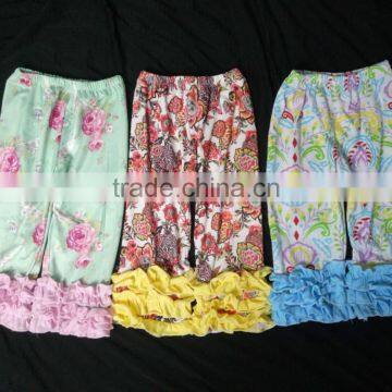 Wholesale girls ruffle pants baby girls cotton solid flower pants with ruffles