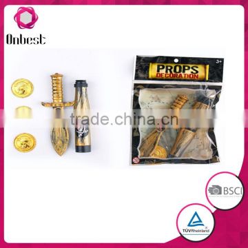 2016Halloween plastic pirate gold coins 3PCS set with pirate sword and telescope