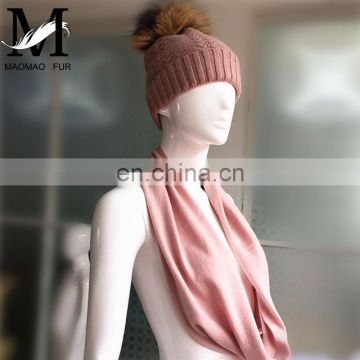 Wholesale Knitted Wool Cashmere Scarves Raccoon Fur Pom Hat Scarf Combination