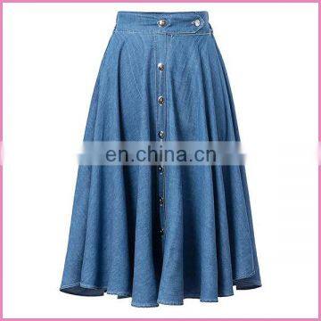 Soft Thin Denim Fabric Long Pleated Skirt Elastic Waist Band and Middle Buttons Lady Jeans Skirt