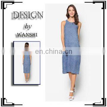 Latest women dress fashion design sleeveless denim midi dress women 2016