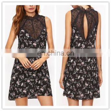 MIKA72010 Sexy Black Floral Contrast Lace Keyhole Back Dress For Women