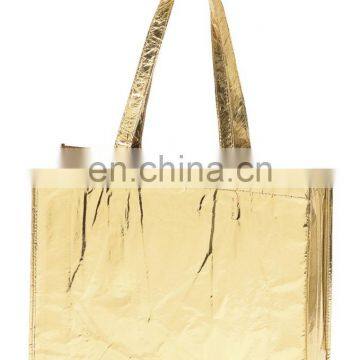 Golden Laminated PP woven tote bag, reusable folding shopping bags