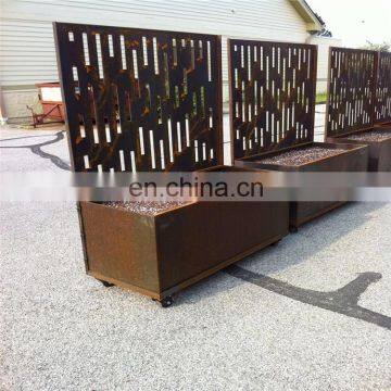 Rustic corten steel planter box with screen panel