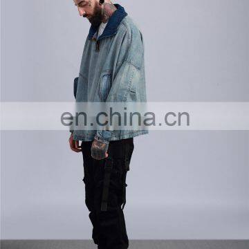Wholesale Turtle High Collar Oversized Loose Fit Cuff Washed Men Street Style Jean Denim Jacket photo-4