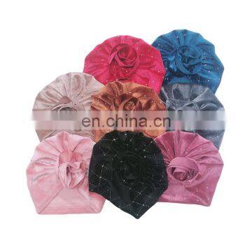 2020 New Sweet Kids Velvet Indian Turban Hats Cap Shiny Big Flower Beads Hat photo-3