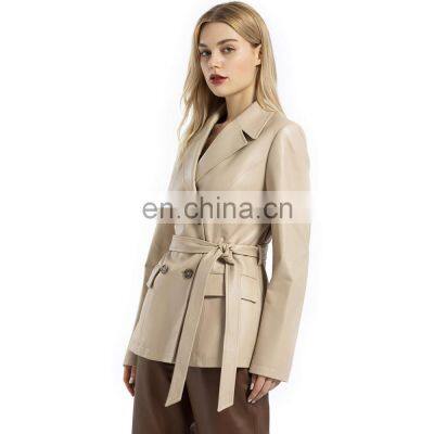 Women Genuine Leather Short Jacket Blazar with Belt