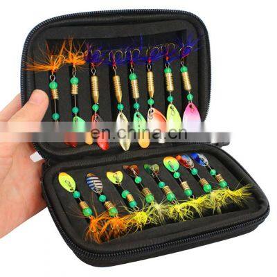 Amazon New Design 16 Pcs Metal Spinner Set With Feather Treble Hooks EVA Lure Bag Spoon Combo Fishing Spinner Kit