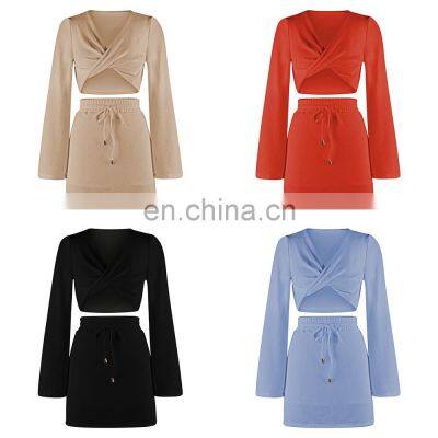 2021 Cross-border New Product Pure Color Women's Fashion Twisted Long Sleeve V-neck Sexy Top Drawstring Short Skirt Autumn Set photo-5