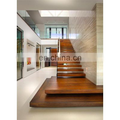 Hot selling glass railing solid wood steps build indoor staircase floating stairs