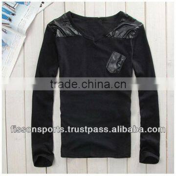 Mens Leather Sleeve T-shirts With Pocket photo-2