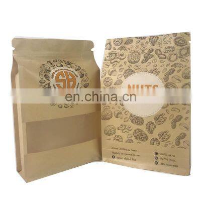 custom logo stand up flat bottom resealable recyclable  paper bag with window for nuts popcorn