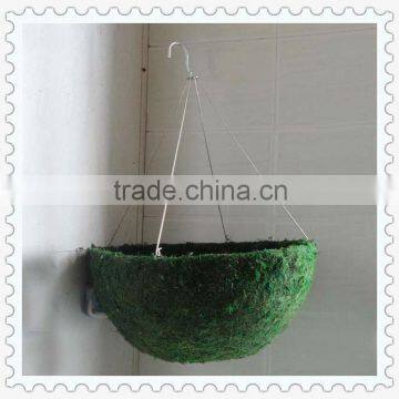 large green handmade hanging decorative moss flower baskets and planters