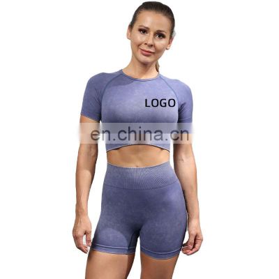 Hot Design Sand Washing Fabric Seamless Crop Top And Shorts Sets Women Workout Fitness Gym Sports Wear 2pcs Yoga Suit Set