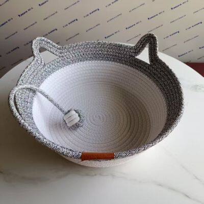 Round Cat Sleeping Nest Cotton Rope Cat Bed Basket With Play Ball Pet Sleeping Bed House photo-5