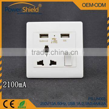Hotel /Home/ Airport/ Residential Universal Wall Power Socket switch led control with dual USB charging 4.8amp 250V 16A