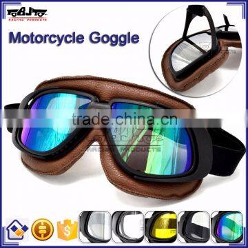 BJ-GT-008 Fold Design Brown Leather Colorful Lens Motorcycle Goggles Roll Off