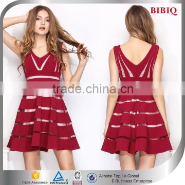 BiBiQ Fashion V-neck Strip A-line Woman Mini Party Dresses 2015