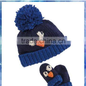 100% acrylic blue penguin knit hat & mitten for young boys