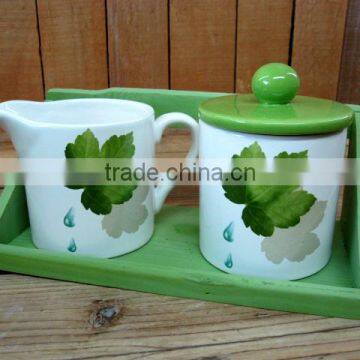 Green Leaves Decal Creamer Container and Sugar Bowl Set with Wooden Stand