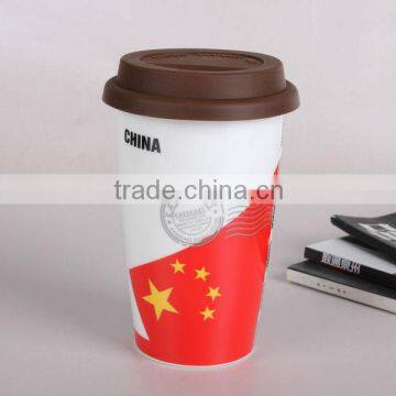 Flag ceramic coffee cup with food grade silicone lid high quality but low price wholesale