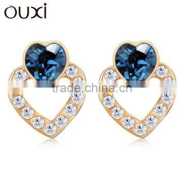 OUXI latest design high quality couple love heart blue crystal wholesale big fashion earrings 20668