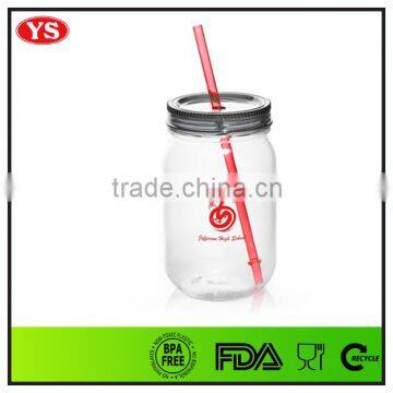 Eco and FDA Certification 720 ml Plastic Single Wall Mason Mug With Screw Lid and Straw