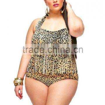 2016 fashion Fertilizer plus-size high-waisted bikini sexy color tassel printing swimsuit