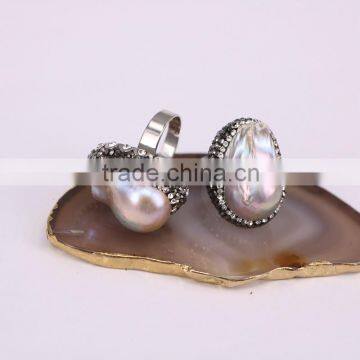 Nature Freshwater Pearl Rings, Silver Plated Metal With Crystal Zircon Paved Pearl Ring Jewelry photo-2