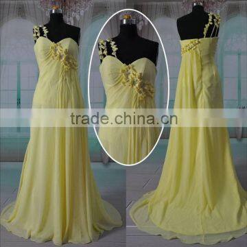 One Shoulder Light Yellow Floor Length Customized Chiffon Dress for Bridal Maid BM004 made-to-order-bridesmaid-dresses-china