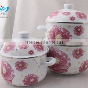 18-22CM 3 Pcs Enamel Casserole With Metal Cover Beautiful Decal photo-4