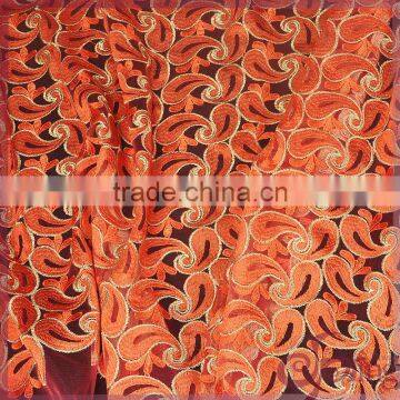 Orange shining poly metallic embroidery fabric, china tulle lace fabric embroidery lace