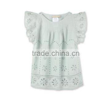 Latest Fancy Pretty Broderie Anglaise Blue Cotton Girls Top With Frilled Sleeves Kids Childerens Boutique Clothing HSd5108 photo-2