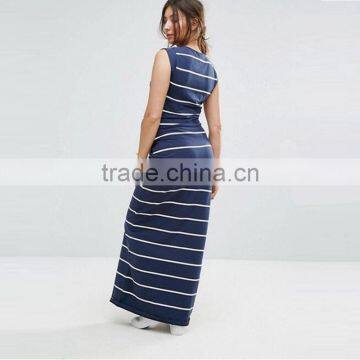 2017 Summer Latest Maxi Dress Women Crew Neck Long Striped Dress HSm9148 photo-3