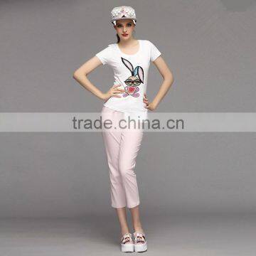 Women new fashion pencil fit pink linen cropped trousers