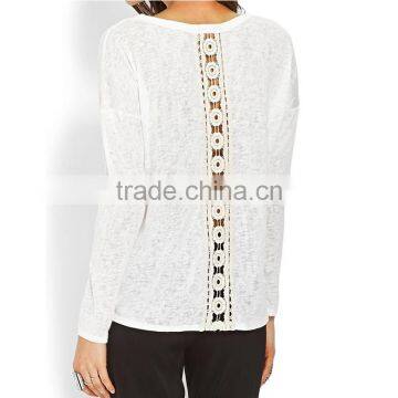 Decorative Lace Panel on Back White Blank Slub Long Sleeve Crewneck Sweater photo-3